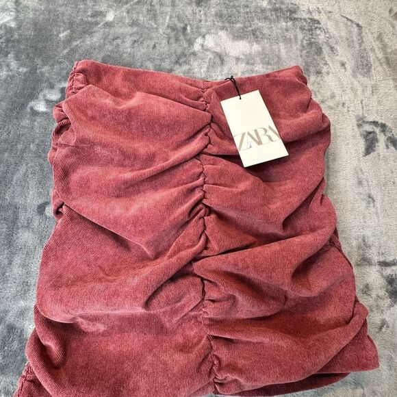 Zara Sz S Mini Skirt Ruched Corduroy Medium Burgundy Red Draped Ruffle Career - Picture 4 of 9
